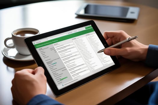 Photo of A hand pressing a digital tablet on desk.