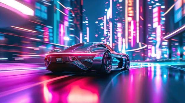 A sleek, silver futuristic car glides through a neon-lit cityscape. Generative AI.