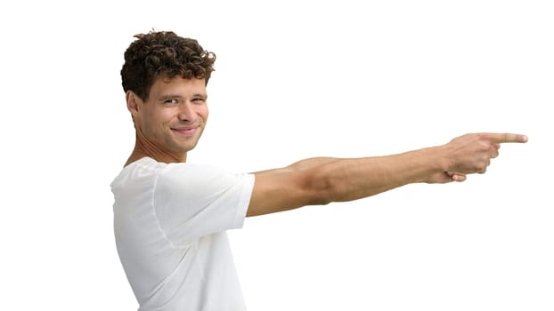 A man in a white T-shirt, on a white background, close-up, pointing to the side.