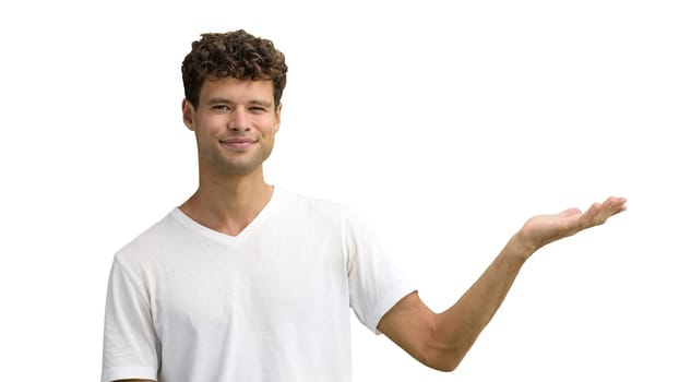 A man in a white T-shirt, on a white background, close-up, pointing to the side.