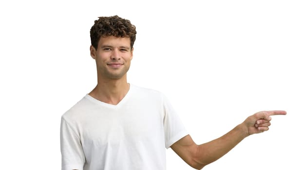 A man in a white T-shirt, on a white background, close-up, pointing to the side.