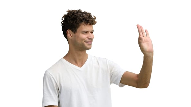 A man in a white T-shirt, on a white background, close-up, shows the ok sign.