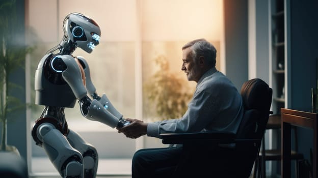 Robot taking care of the elderly in a nursing home in Future, AI Generative.