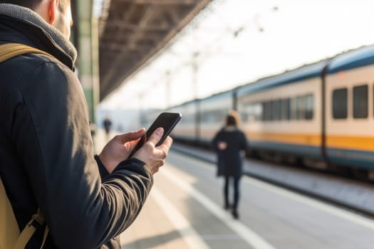 Focus Hand of human using mobile phone at railway station, AI Generative.