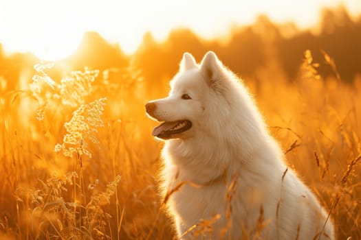 Samoyed dog standing in a field of tall grass during golden hour, with warm sunlight. Generative AI.