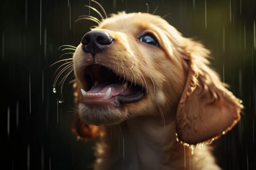 A puppy with floppy ears trying to catch the raindrops with its tongue.