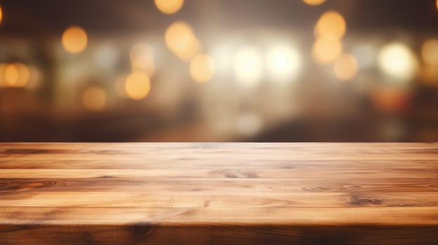 Empty brown wooden table top and blurred defocused modern kitchen background, AI Generative.