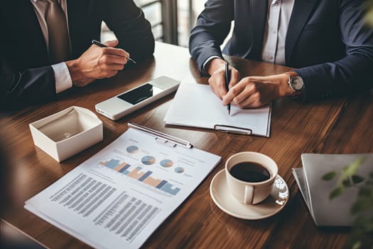 Business people and document in the meeting room, discussing project details, AI Generative.