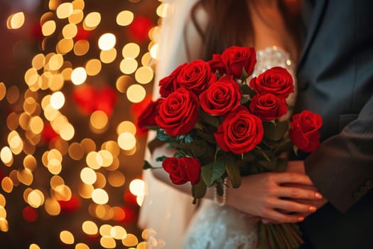 Woman's hands holding bouquet of red roses and the hands of a man in a suit embrace. Generative AI.