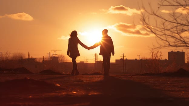a couple holding hands as the sun sets behind them, AI Generative.