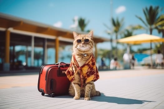 Funny cat going on vacation, cat travel concept, AI Generative.