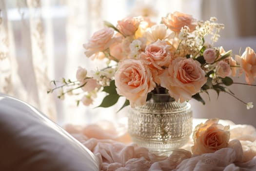 Photo of A bouquet of flowers in a crystal vase.