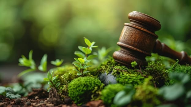 Gavel and green eco Earth globe, international law and green energy concept. Generative AI.