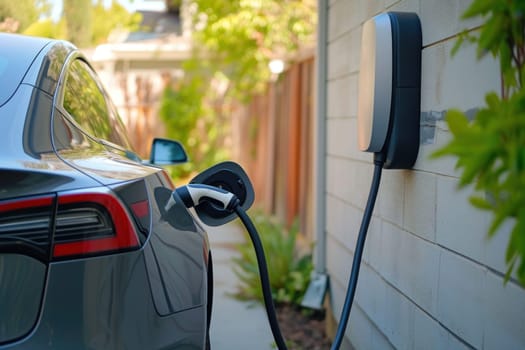 Electric car plugged to charging station outside home with power cable. Generative AI.