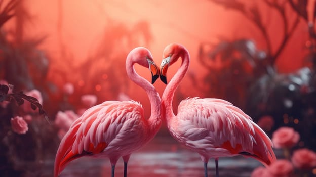 Couple of cute flamingo on fantasy aesthetic valentines scenery background.