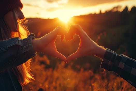 Valentines day concept, Young man and woman creating heart shape by hands at sunset. Generative AI.