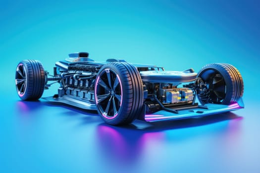 Futuristic electric sport fast car chassis and battery packs with high performance. Generative AI.