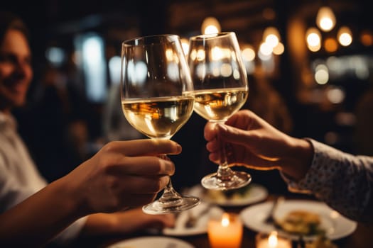 Close up of group of friends toasting with glasses of white wine at restaurant.