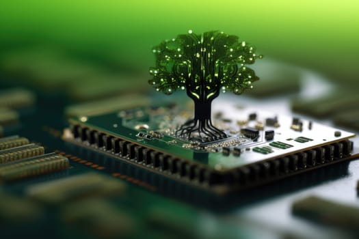 Tree growing on the converging point of computer circuit board, Green technology. AI Generative.