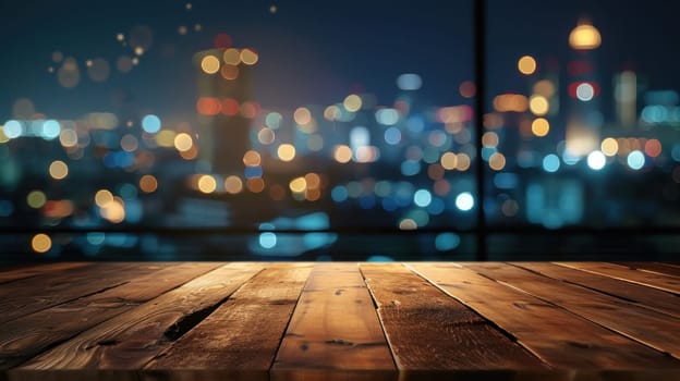 Empty wooden table with city view background, for product display. Generative AI.
