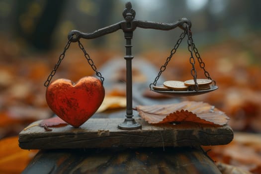 Heart and money scales concept. Importance between gold coin and love. Generative AI.