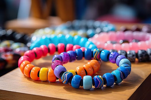 Bracelets made of beads on a wooden table.