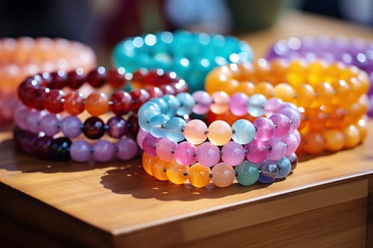 Stack of bracelets made of beads on a wooden table.