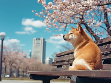 Shiba is sitting on the bench in the park Sakura blossom and blue sky with skyscraper. Generative AI.