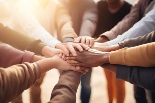 No room for racism, Many hands of different races and ethnicities. United for equality.