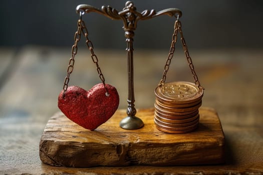 Heart and money scales concept. Importance between gold coin and love. Generative AI.
