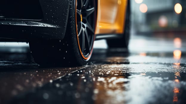 Car wet, A car in the rain the focus is on the tires, Close-up of car tires on wet, AI Generative.