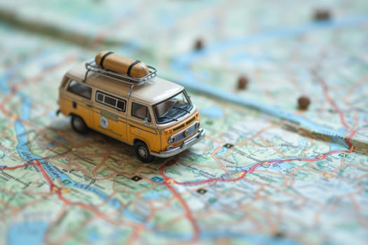 Small van car model on the map paper, concept travel, road trip, Planning the route to fun.