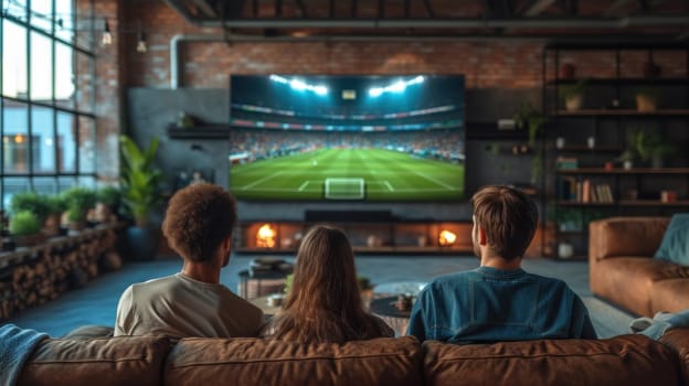 Caucasian family watching tv with football match on screen. Global sport concept. Generative AI.