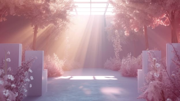 White room with arch and flowers in the wall and large window Generative AI.