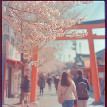 Colorful retro street photography of the streets of Japan during the Hanami holiday. High quality photo