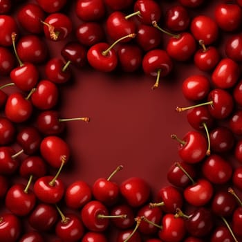 Numerous cherries arranged densely against a red background.
