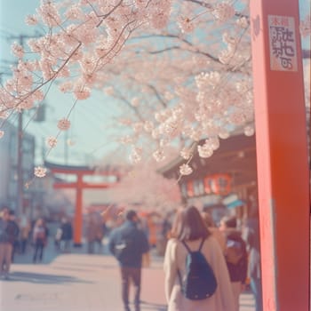 Colorful retro street photography of the streets of Japan during the Hanami holiday. High quality photo