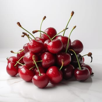 Fresh red cherries with water droplets on a white surface