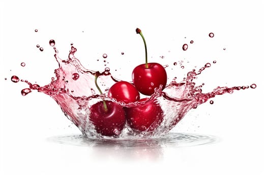Cherries splashing in water with vibrant droplets.