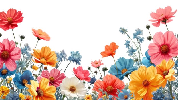 Colorful flowers surrounding white background. Generative AI.