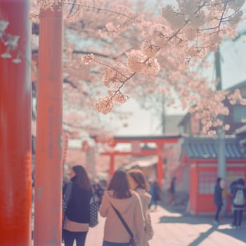 Colorful retro street photography of the streets of Japan during the Hanami holiday. High quality photo