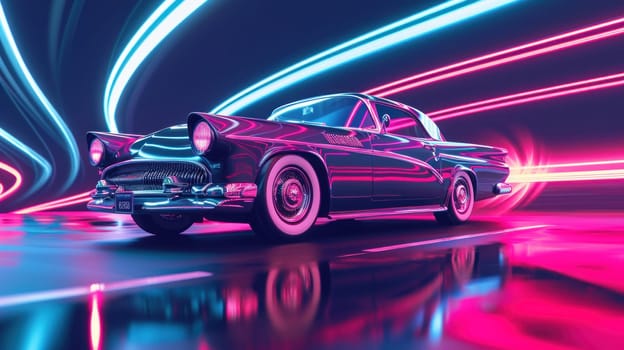 The car classic in the background are neon lines suggesting speed and motion. Generative AI.