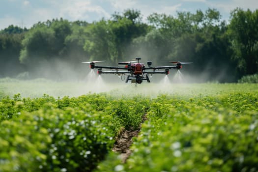 Spraying agricultural chemicals from a drone in the field. Generative AI.