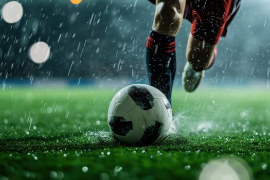 Close Up Football or Soccer Player Foot Playing With the Ball in Stadium. Generative AI.