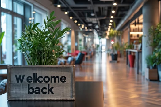 A business office with the text welcome back in a big classy font in the foreground. Generative AI.