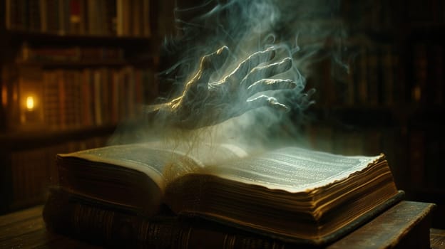 An ancient magic book with spirits. A scary and mysterious old book. High quality illustration