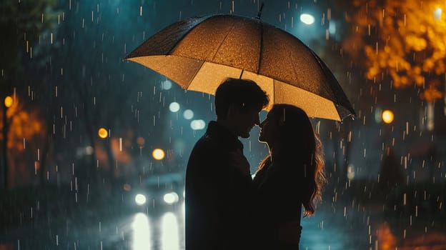 A couple in love under the same umbrella. Romantic photo for Valentine's Day. High quality photo