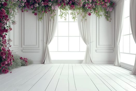 Wedding backdrop aesthetic flower wreath decoration indoor white background. Generative AI.