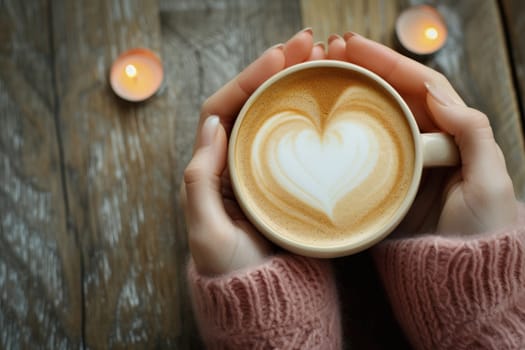 Top view on wood table, Close-up of a woman's hands holding a latte heart. Generative AI.