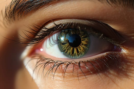 Green female eye with long eyelashes close-up.